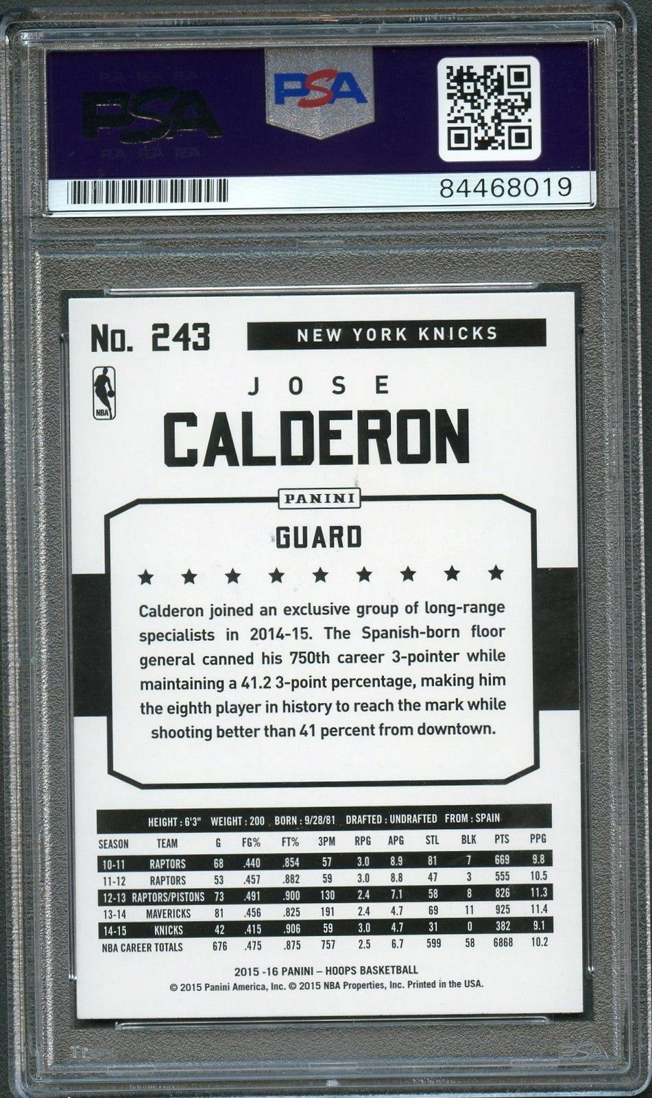 2015-16 NBA Hoops #243 Jose Calderon Signed Card AUTO PSA Slabbed Knicks