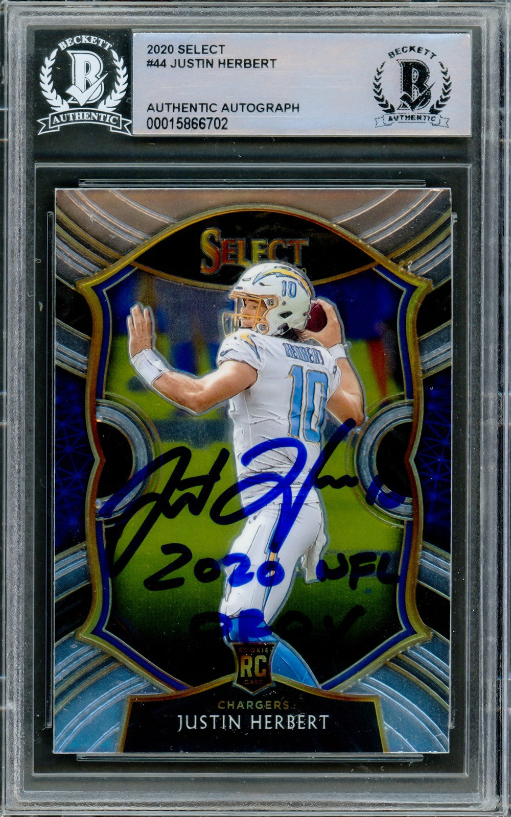 Justin Herbert Signed 2020 Panini Select RC 44 Chargers "2020 NFL OROY" Beckett