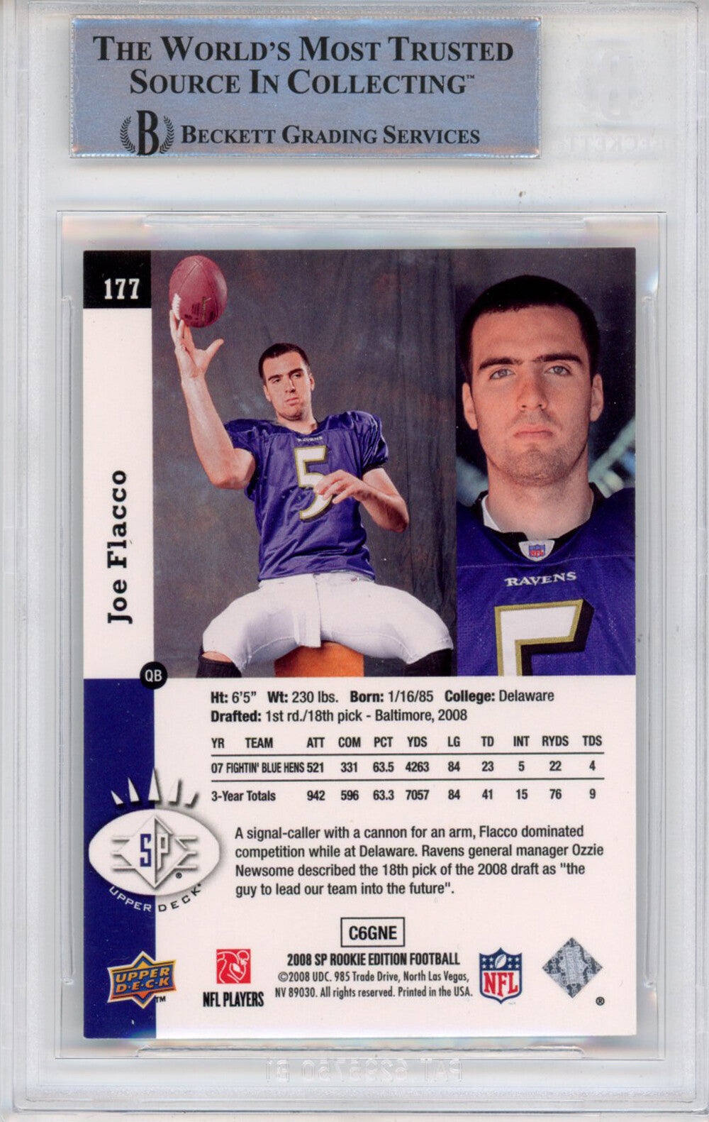 Joe Flacco Autographed  2008 SP #177 Beckett Slabbed 39909