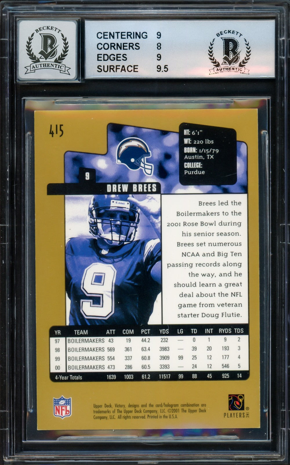 Drew Brees Signed 2001 Upper Deck Victory Gold RC 415 BGS 8.5 Sig 10 Beckett