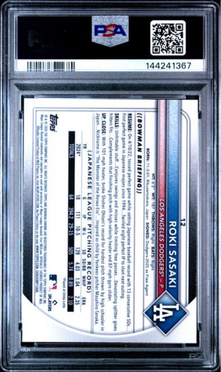 Graded 2025 Topps Bowman Chrome Roki Sasaki #12 Rookie RC Baseball Card PSA 10