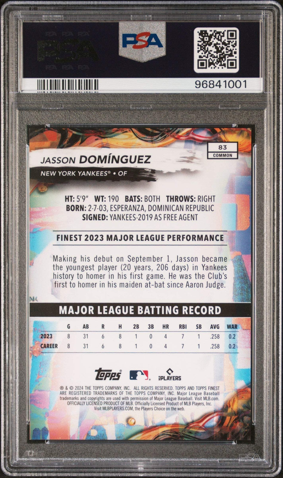 Graded 2024 Topps Finest Jasson Dominguez #83 Purple /250 Baseball Card PSA 10