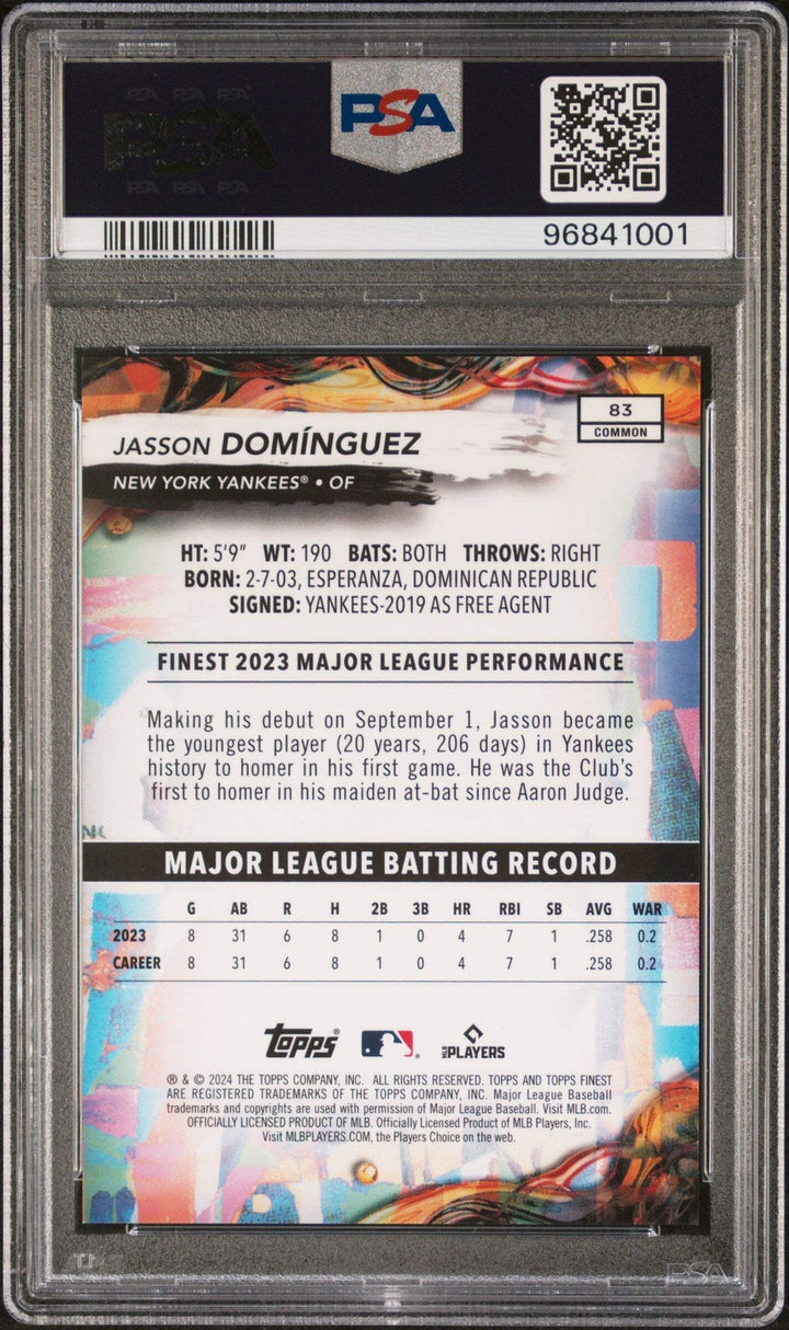 Graded 2024 Topps Finest Jasson Dominguez #83 Purple /250 Baseball Card PSA 10