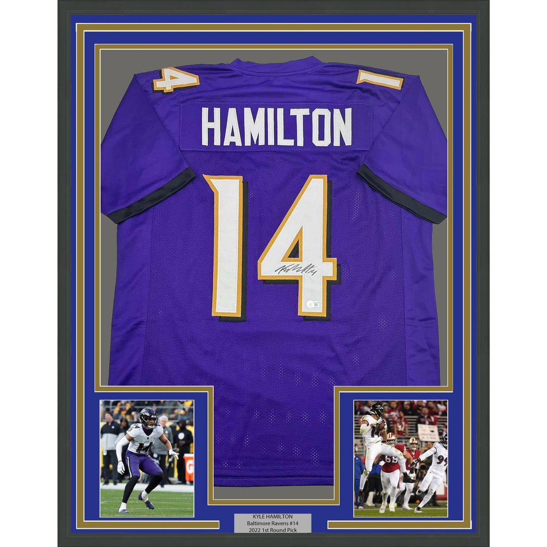 Framed Autographed/Signed Kyle Hamilton 35x39 Baltimore Purple Jersey COA