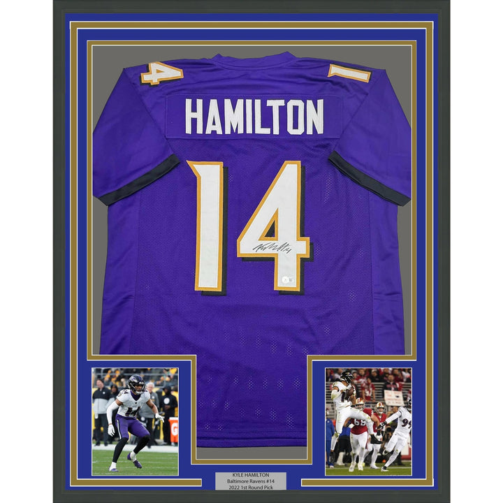 Framed Autographed/Signed Kyle Hamilton 35x39 Baltimore Purple Jersey COA