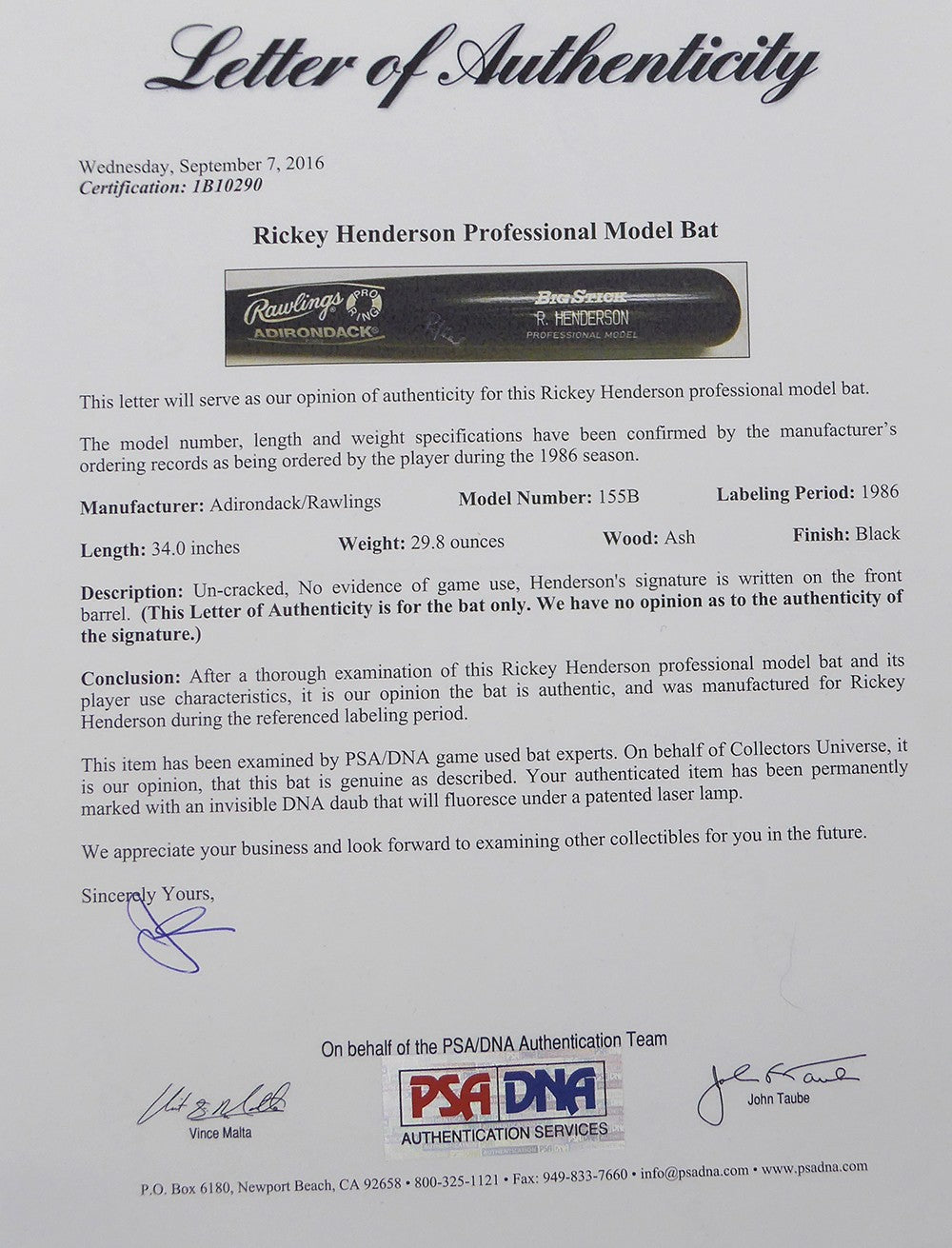Rickey Henderson Auto Adirondack Professional Model Bat Athletics PSA/DNA