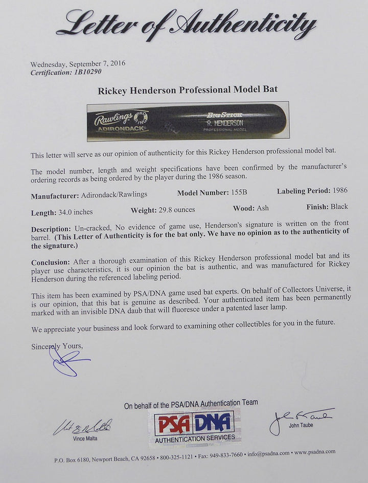 Rickey Henderson Auto Adirondack Professional Model Bat Athletics PSA/DNA