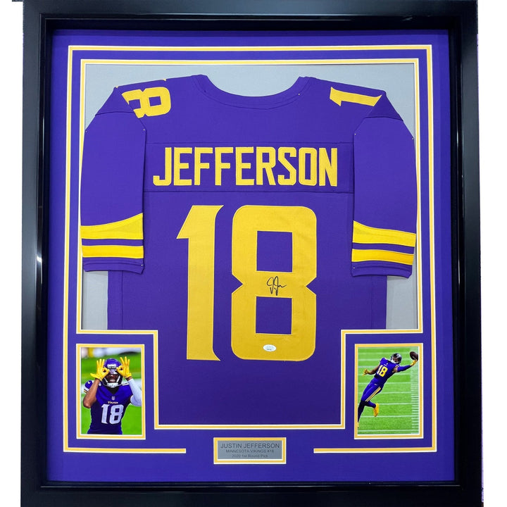 Framed Autographed/Signed Justin Jefferson 35x39 Color Rush Jersey JSA COA