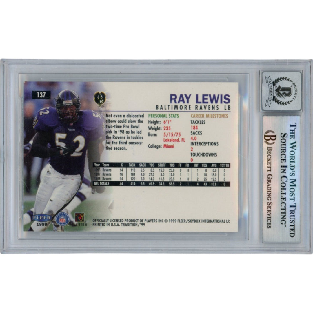 Ray Lewis Autographed 1999 Fleer Tradition #137 Slabbed Card Beckett 50015