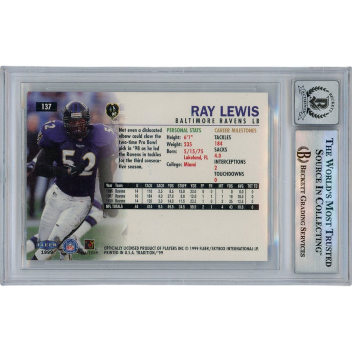 Ray Lewis Autographed 1999 Fleer Tradition #137 Slabbed Card Beckett 50015