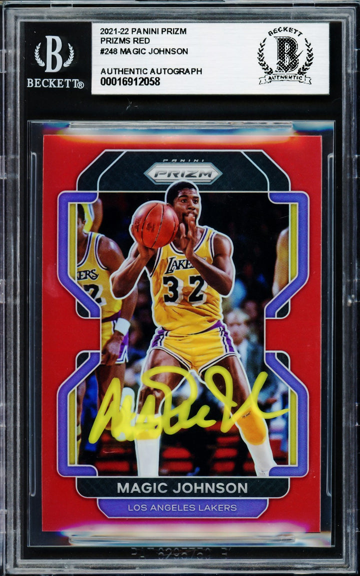 Magic Johnson Auto 2021-22 Panini Prizm Red Card 248 Card Lakers /299 Beckett
