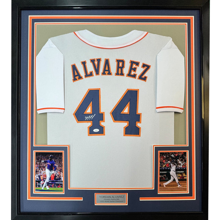 Framed Autographed/Signed Yordan Alvarez 35x39 Houston White Jersey JSA COA