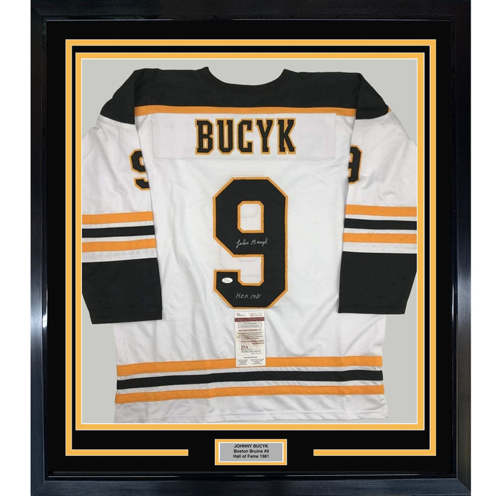FRAMED Signed JOHNNY JOHN BUCYK 35x39 Boston White Jersey JSA COA