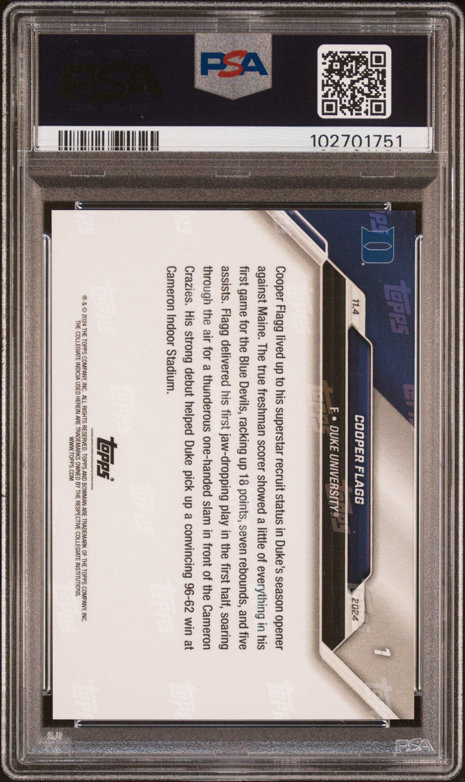 Graded 2024 Topps Bowman U Now Cooper Flagg #1 NCAA Debut Rookie RC Card PSA 9