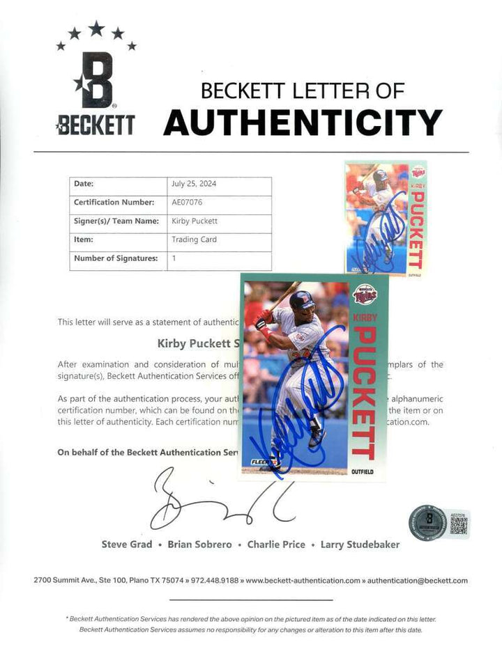 Kirby Puckett Beckett BAS Signed 1992 Fleer Autograph