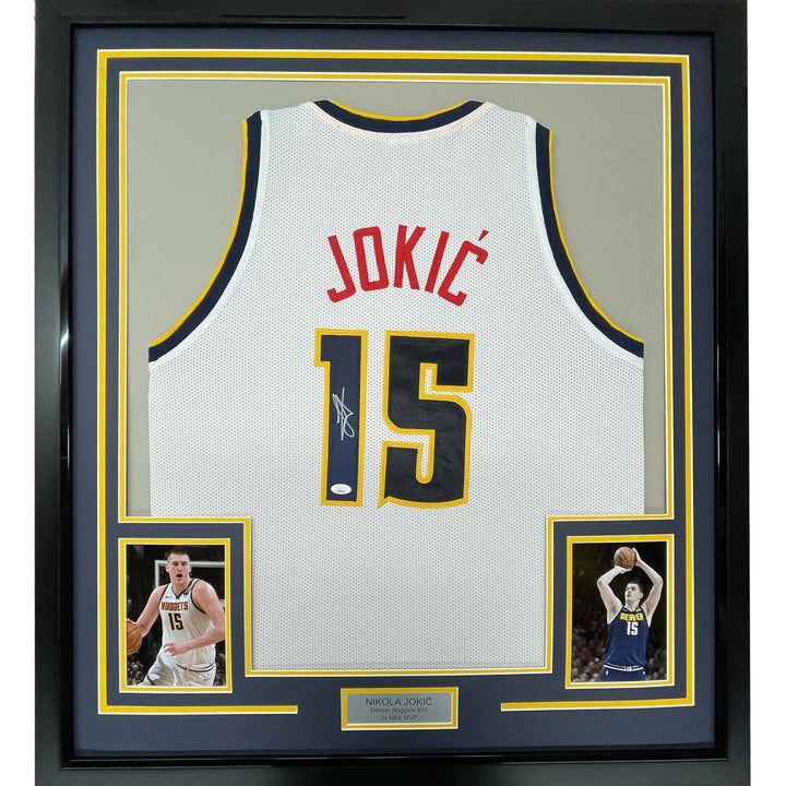 Framed Autographed/Signed Nikola Jokic 33x42 Denver White Jersey JSA COA