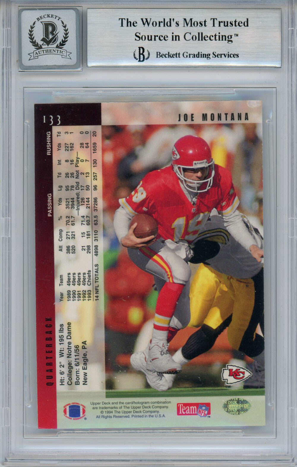 Joe Montana Autographed 1994 Upper Deck #133 Trading Card BAS 10 Slab 34638