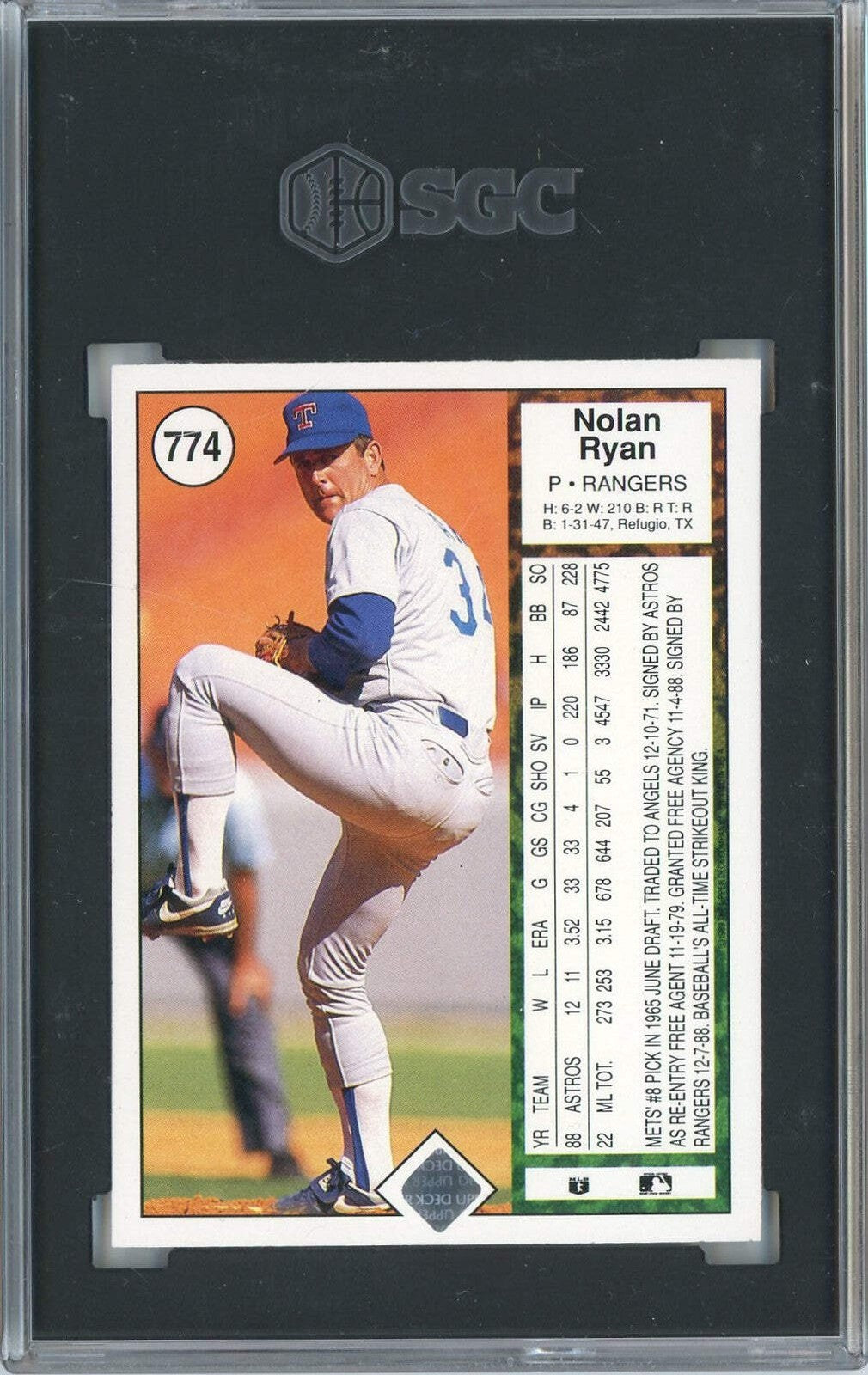 Graded 1989 Upper Deck Nolan Ryan Throwing Football #774 Baseball Card SGC 9