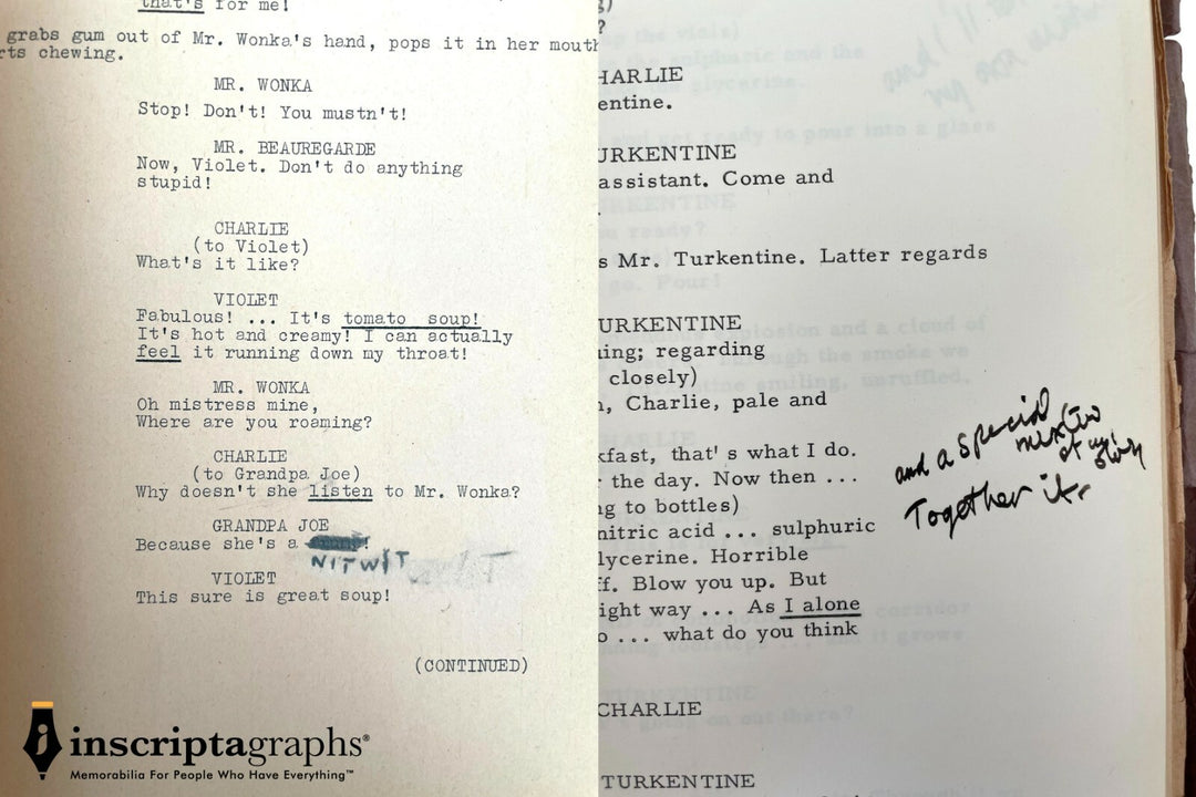 Paris Themmen's 1971 Willy Wonka Actual Movie Used Script for Mike TV COA Prop