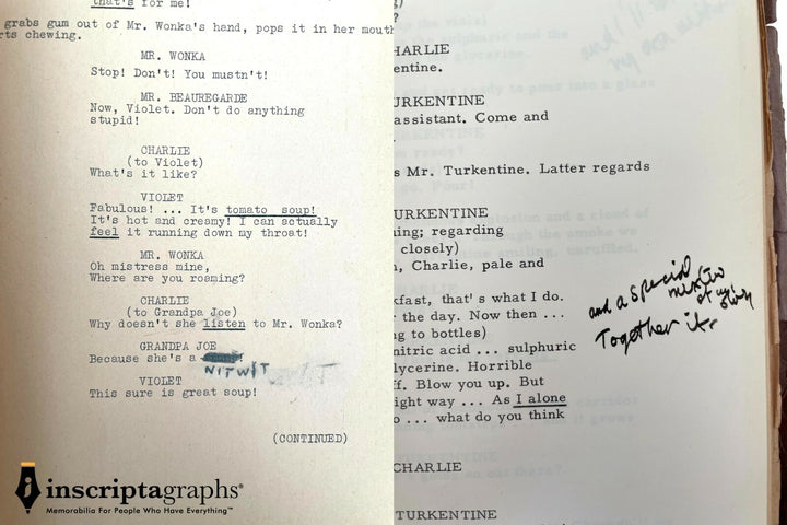 Paris Themmen's 1971 Willy Wonka Actual Movie Used Script for Mike TV COA Prop