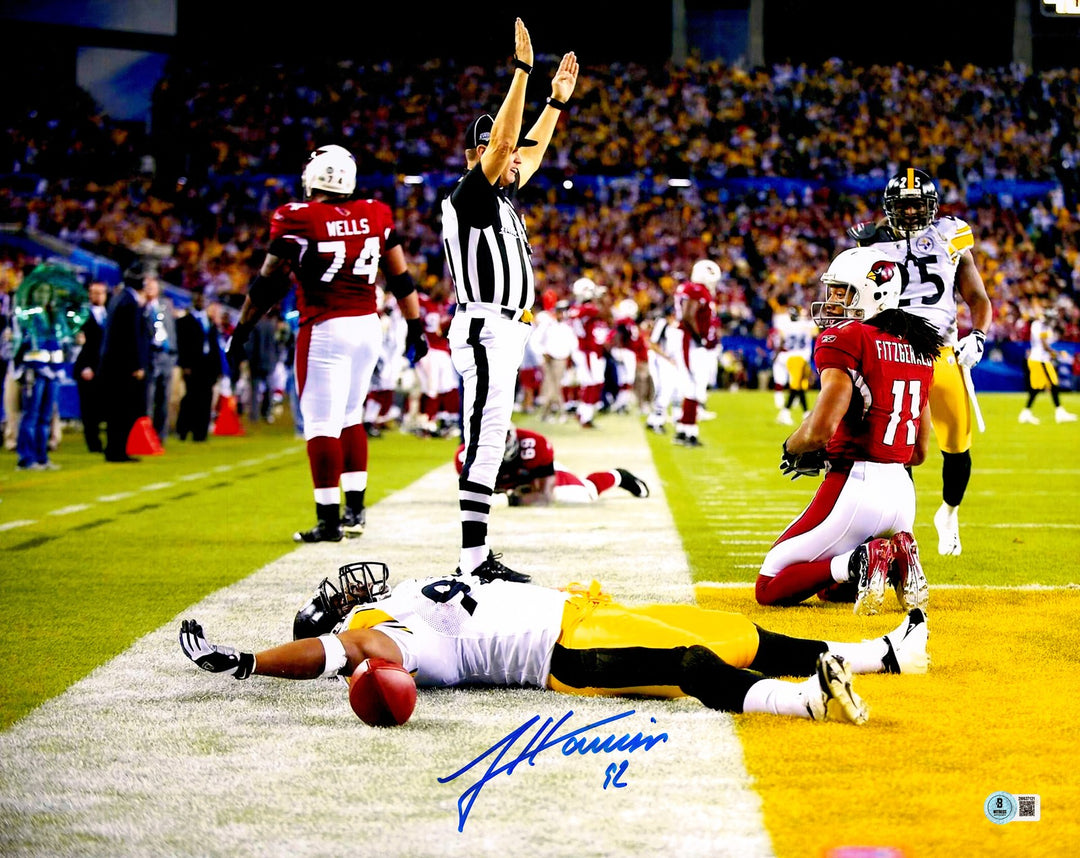 James Harrison Signed 16x20 Photo Pittsburgh Steelers SB XLIII Interception