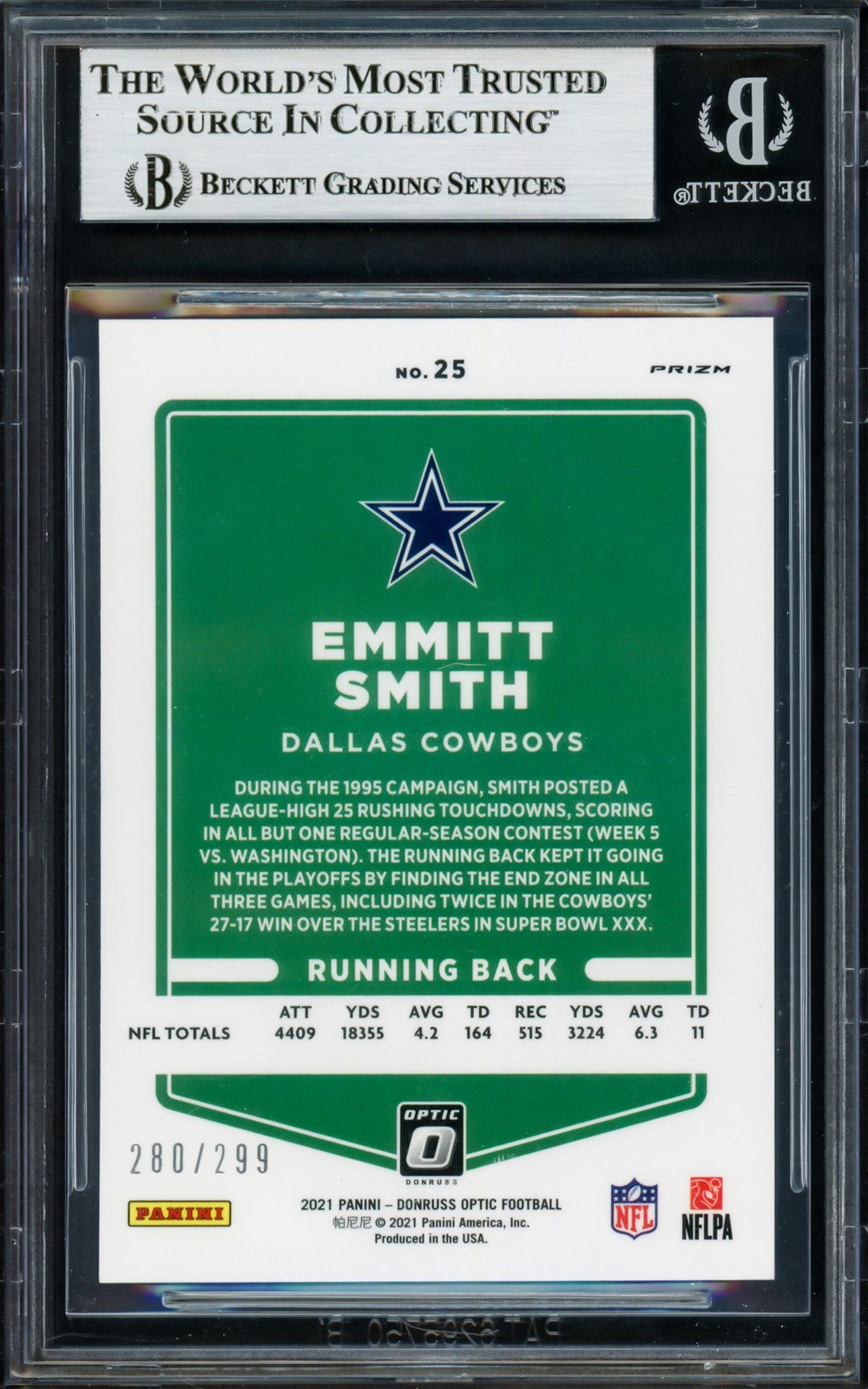 Emmitt Smith Signed 2021 Donruss Optic Aqua Card 25 Dallas Cowboys #/299 Beckett