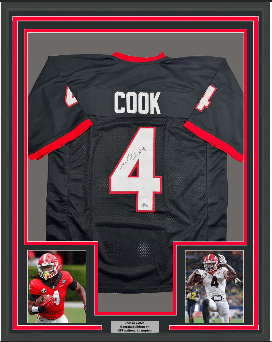 Framed Autographed/Signed James Cook 35x39 Georgia Black Jersey Beckett COA