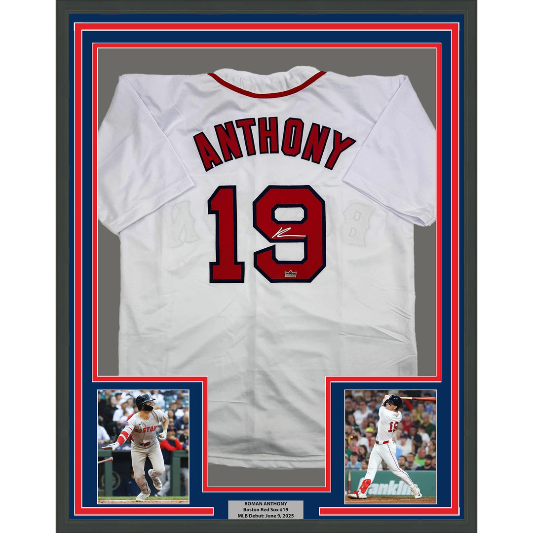 Framed Facsimile Autographed Roman Anthony 35x39 Boston White Reprint Jersey