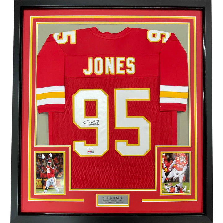 Framed Autographed/Signed Chris Jones 35x39 Kansas City Red Jersey JSA COA