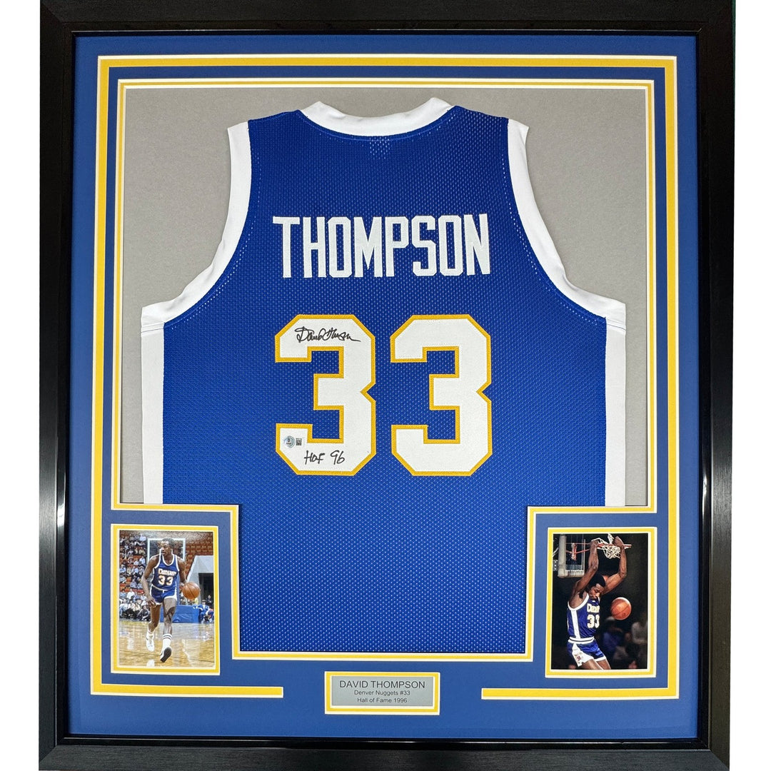 Framed Signed David Thompson 35x39 HOF 96 Denver Blue Jersey COA
