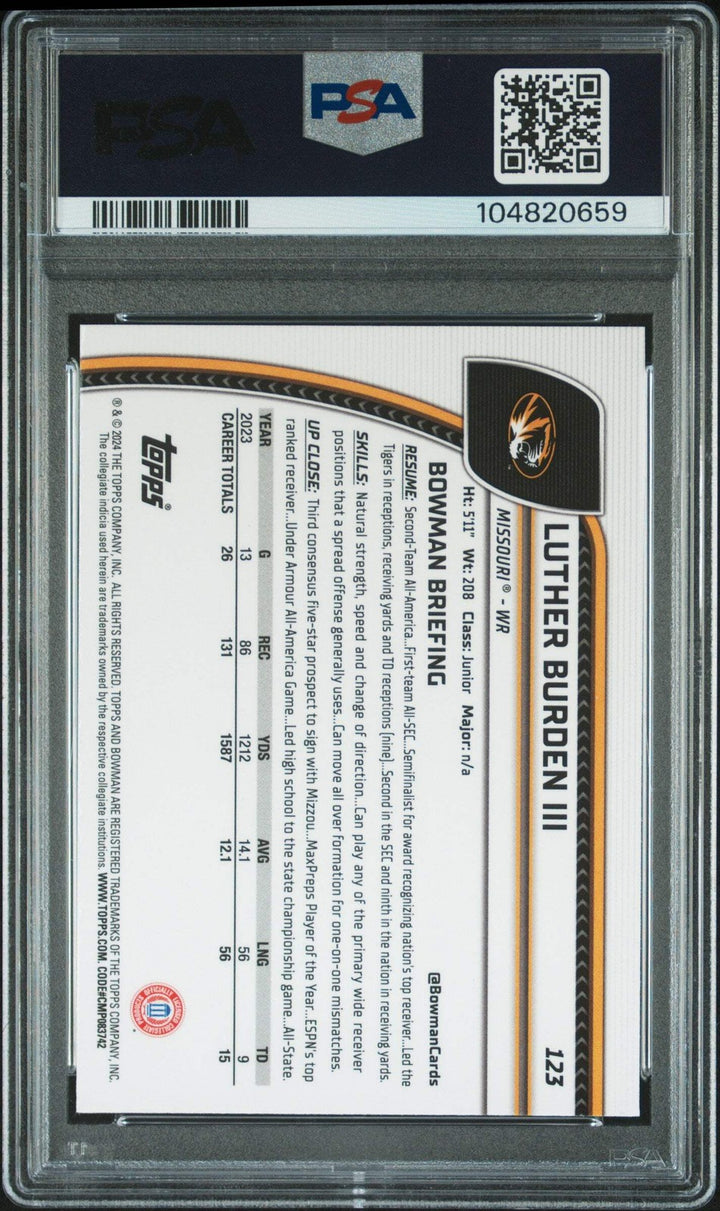 Graded 2024 Bowman U Sapphire Luther Burden III #123 RC Football Card PSA 10