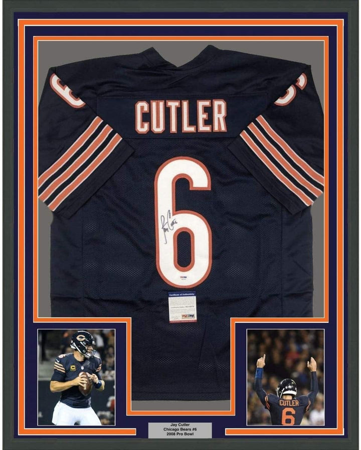 Framed Autographed/Signed Jay Cutler 35x39 Chicago Blue Jersey PSA/DNA COA
