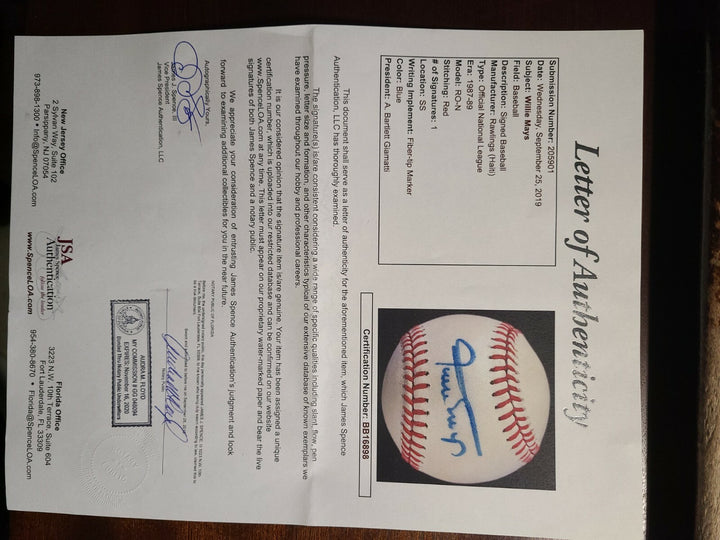 Willie Mays JSA Coa Autograph National League ONL Signed BasebaLL