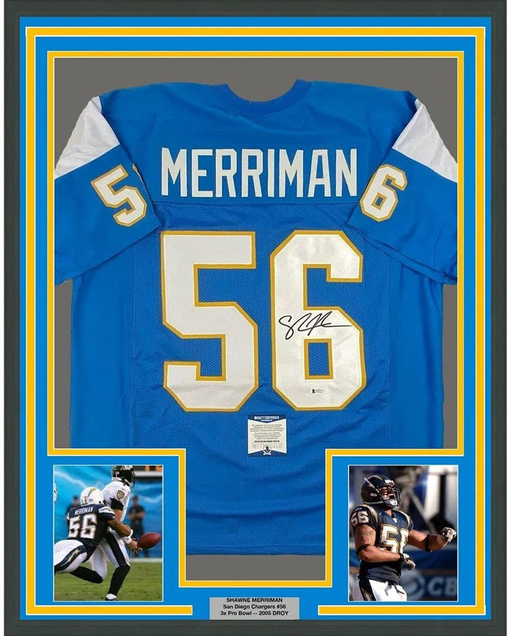 FRAMED Autographed/Signed SHAWNE MERRIMAN 33x42 San Diego Powder Jersey COA