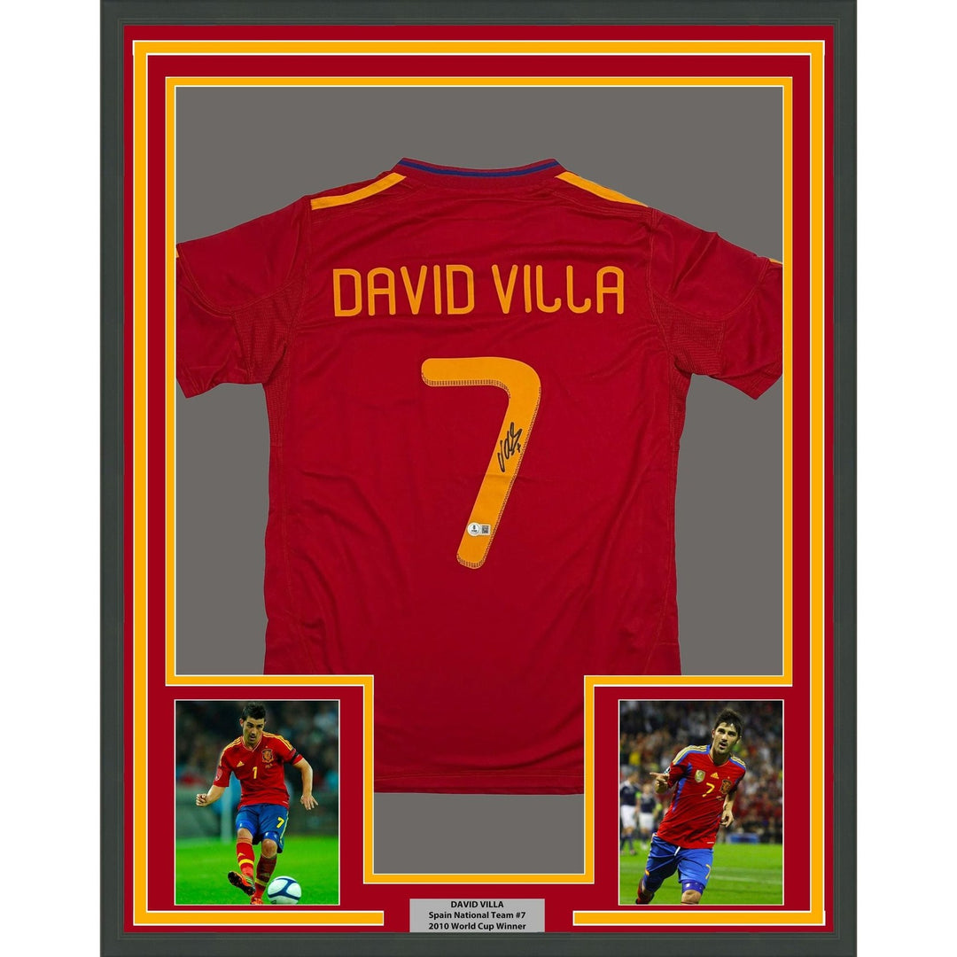 Framed Autographed/Signed David Villa 35x39 Spain Red Jersey Beckett COA