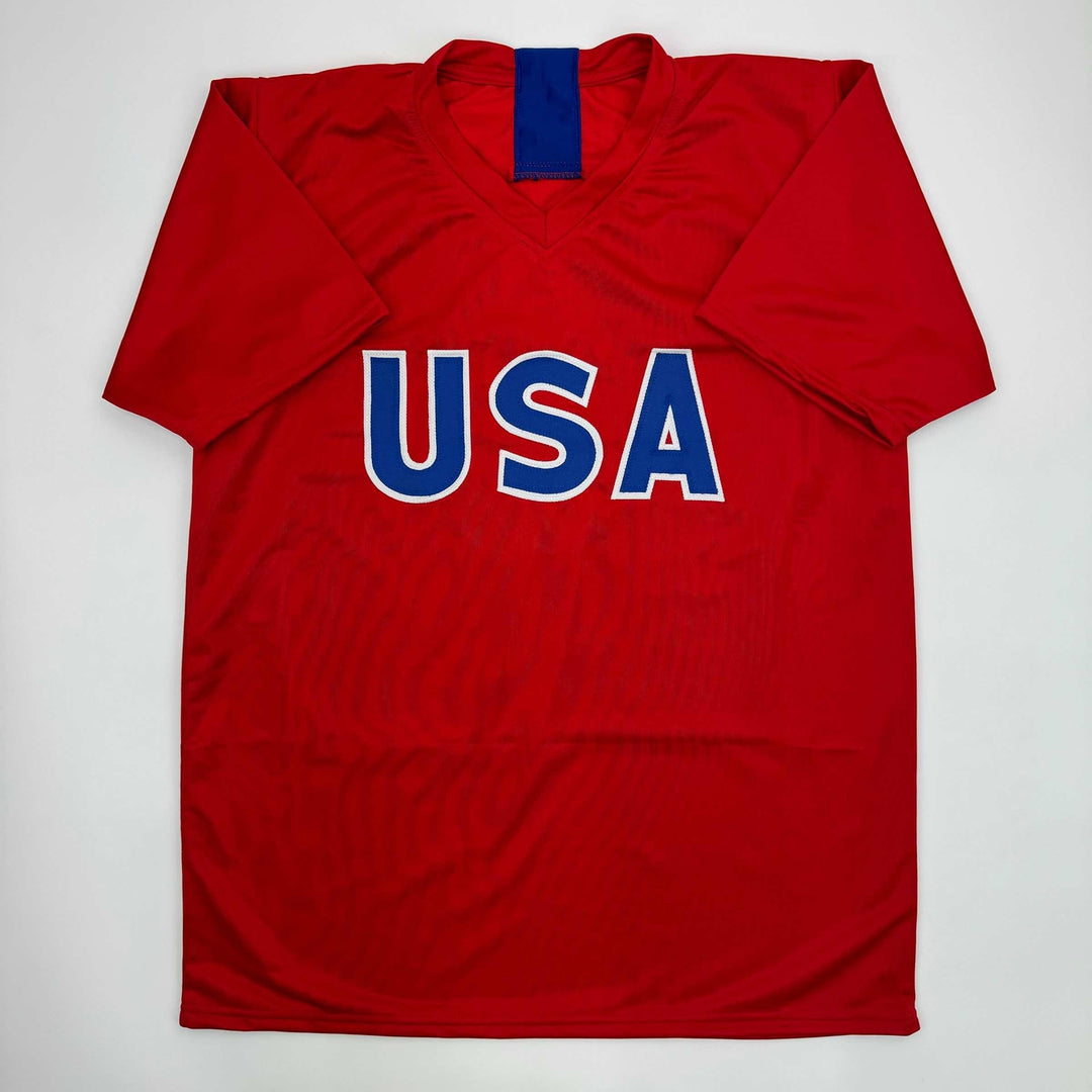 Autographed/Signed Mia Hamm Red Team USA United States World Cup Jersey BAS COA