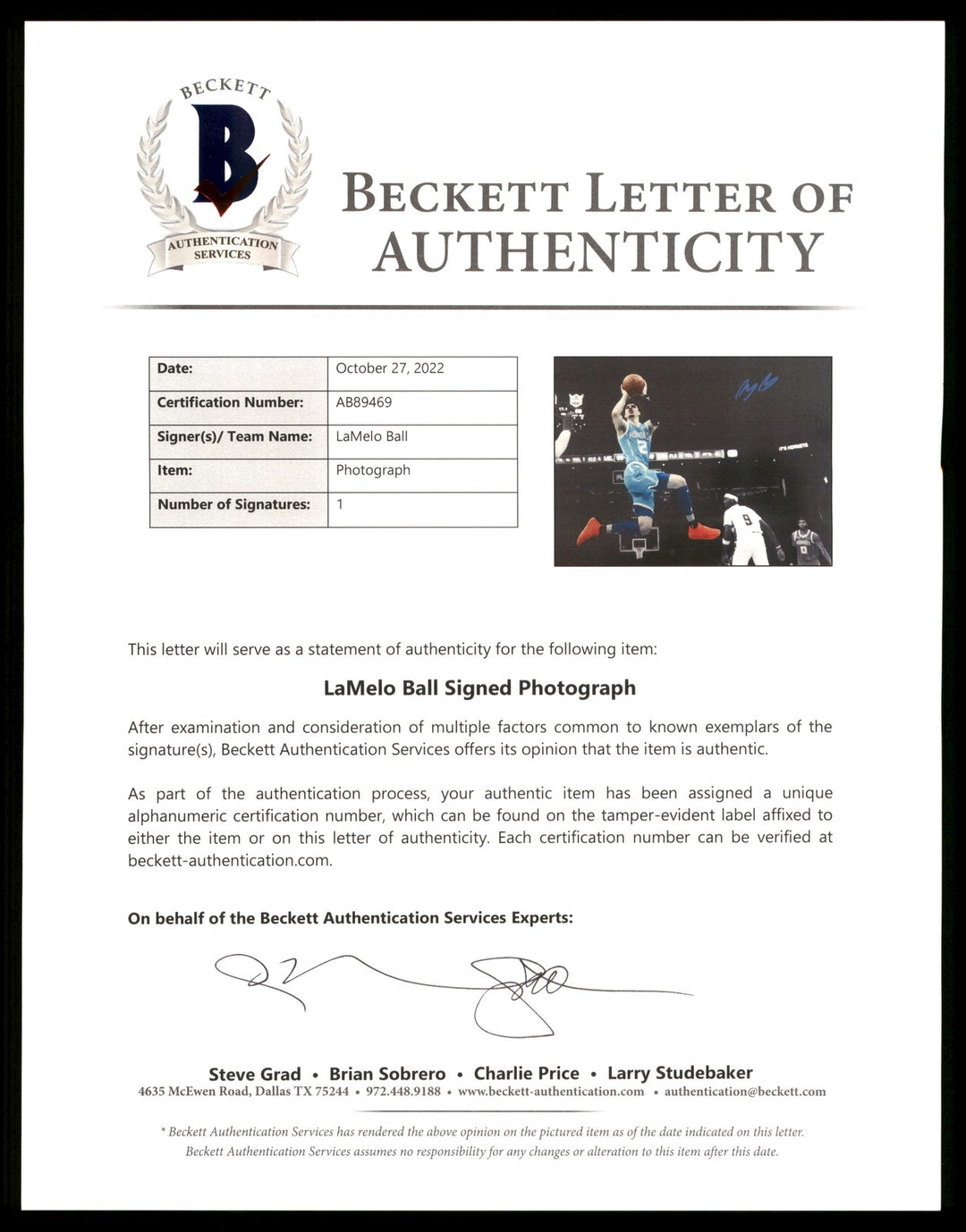 LaMelo Ball Autographed Signed 16x20 Photo Charlotte Hornets Beckett