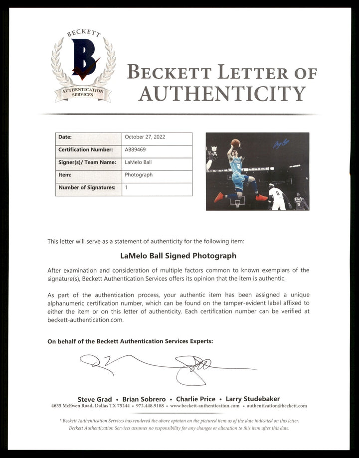 LaMelo Ball Autographed Signed 16x20 Photo Charlotte Hornets Beckett