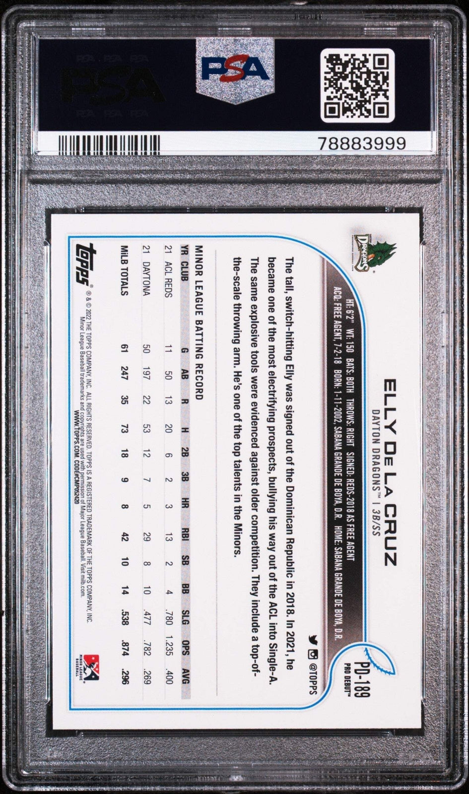 Graded 2022 Topps Pro Debut Elly De La Cruz #PD189 Rookie Baseball Card PSA 10