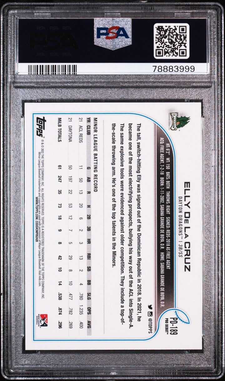 Graded 2022 Topps Pro Debut Elly De La Cruz #PD189 Rookie Baseball Card PSA 10