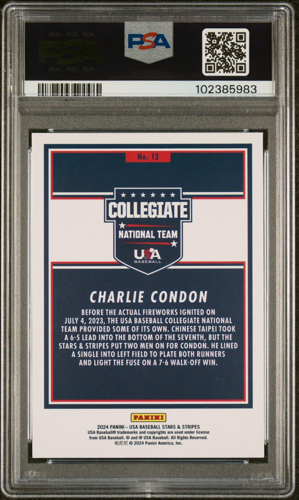 Graded 2024 Panini Stars & Stripes USA Charlie Condon #13 Baseball Card PSA 10