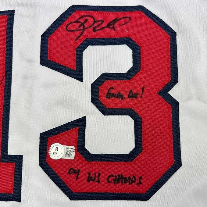 Framed Autographed/Signed Doug Mientkiewicz 35x39 Boston White Jersey COA