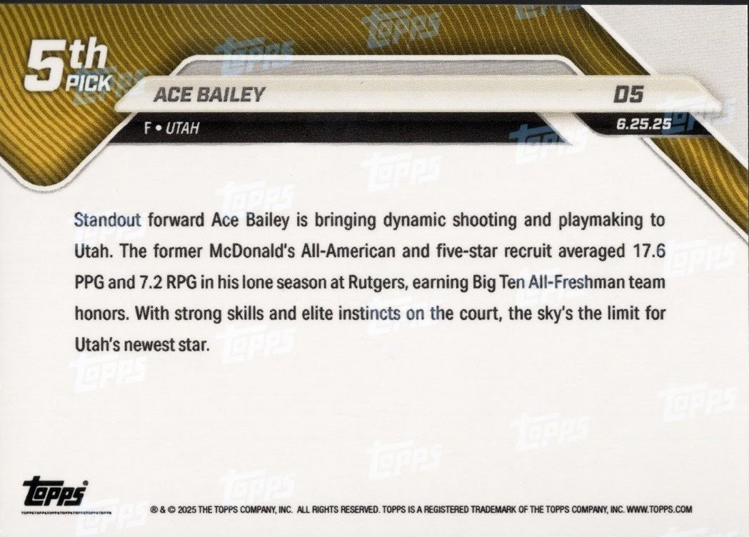 2025 Topps Now Ace Bailey #D5 Blue Foil /75 Utah Jazz Rookie RC Card