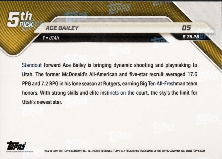 2025 Topps Now Ace Bailey #D5 Blue Foil /75 Utah Jazz Rookie RC Card