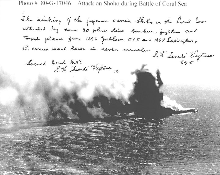 Stanley W. "Swede" Vejtasa signed 1942 Battle of Coral Sea Shoho 8x10 Photo- PSA