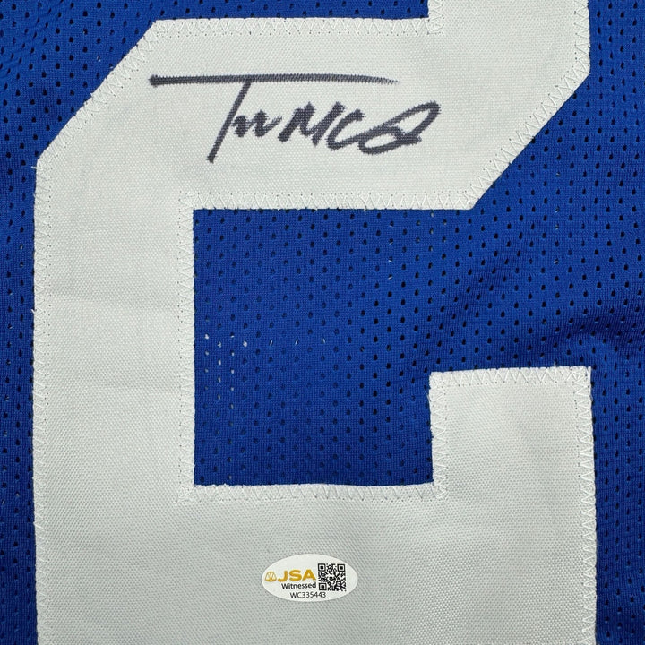 Autographed/Signed Trent McDuffie Los Angeles LA Blue Football Jersey BAS COA