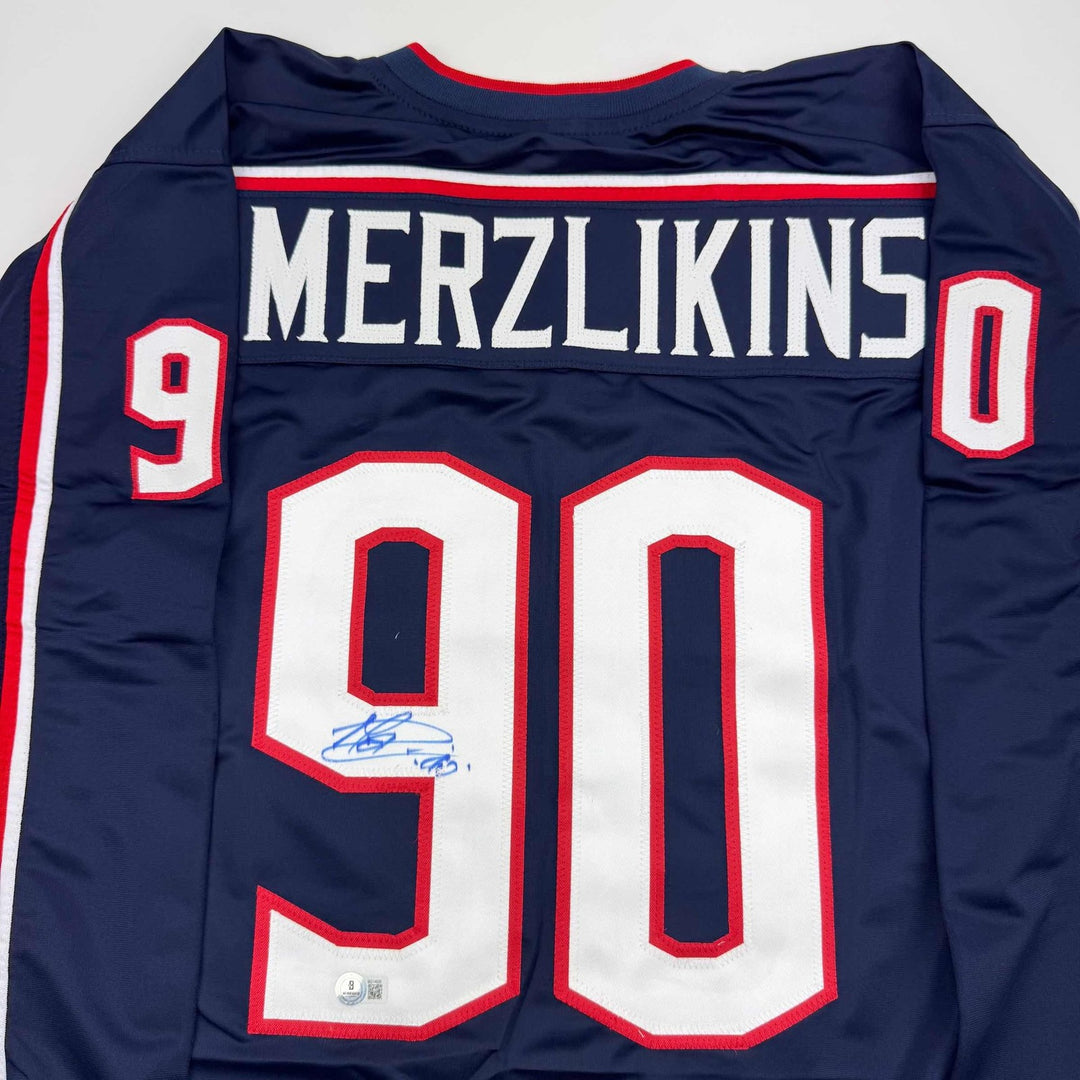 Autographed/Signed Elvis Merzlikins Columbus Blue Jersey Beckett BAS COA