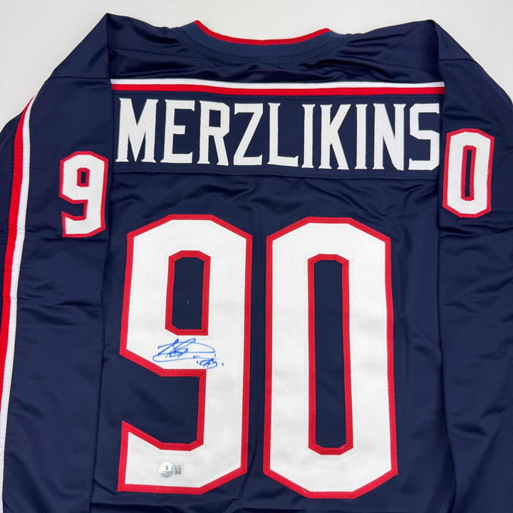 Autographed/Signed Elvis Merzlikins Columbus Blue Jersey Beckett BAS COA