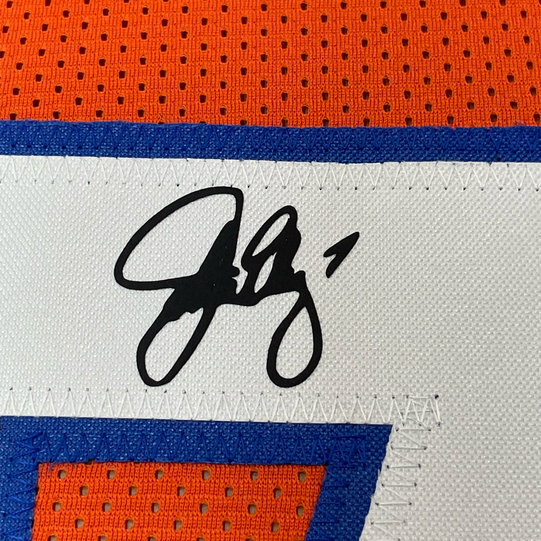 Framed Facsimile Autographed John Elway 33x42 Orange Retro Reprint Laser Jersey