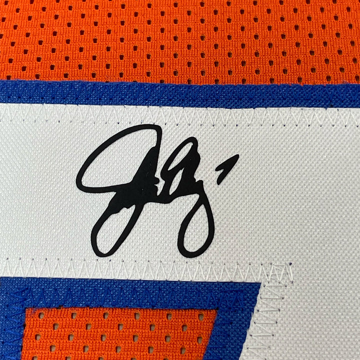 Framed Facsimile Autographed John Elway 33x42 Orange Retro Reprint Laser Jersey